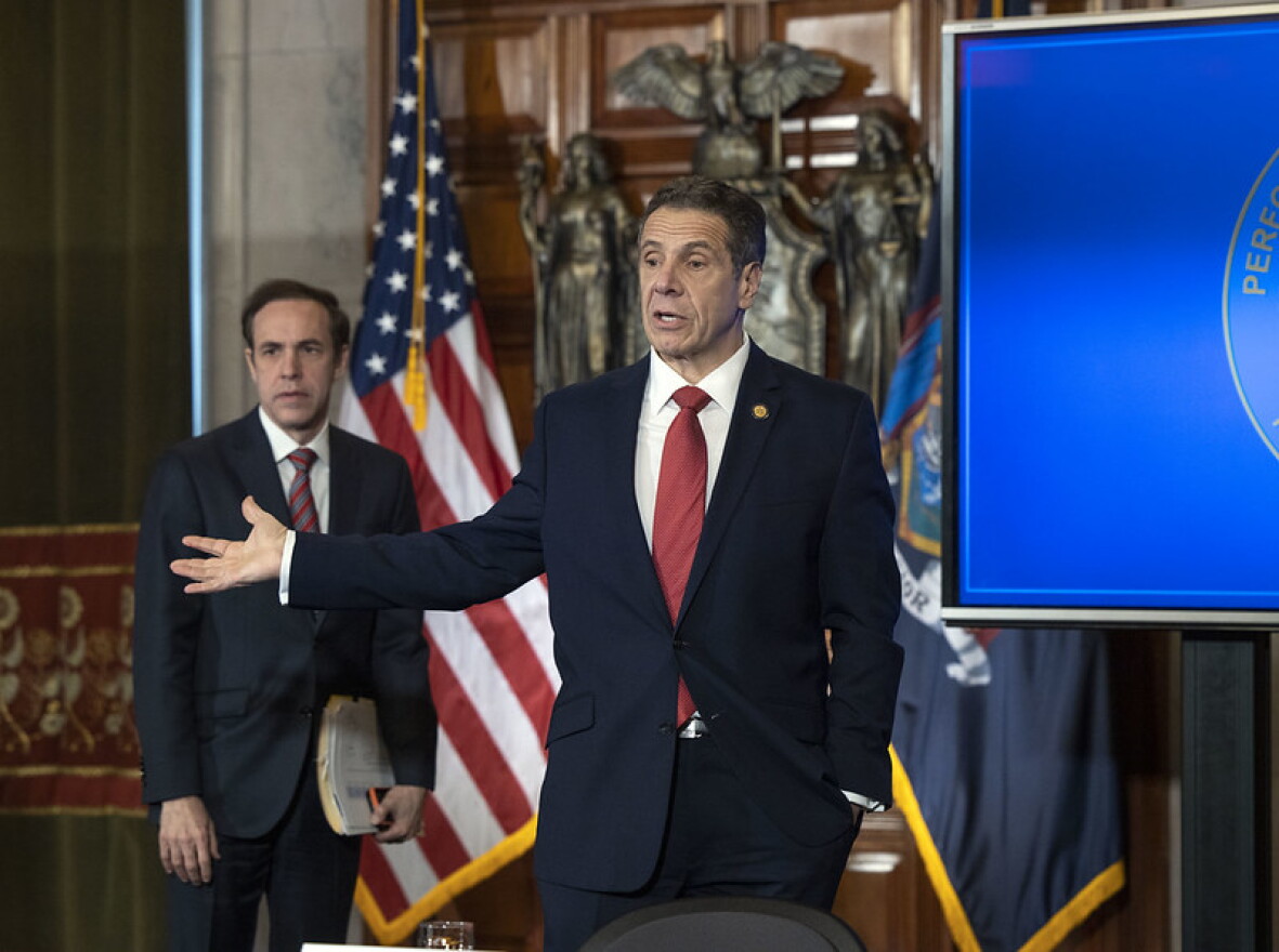 Gov. Andrew Cuomo answers questions from the media during a briefing on Tuesday.